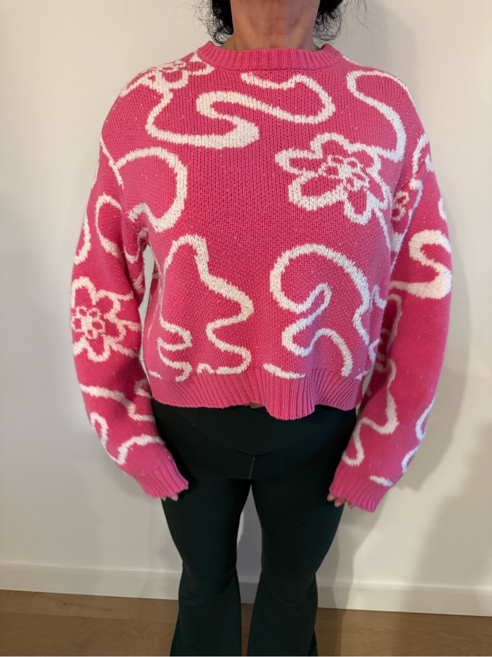La Hearts Pink and White Floral Crewneck Sweater